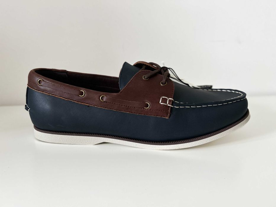 Nowe granatowe brązowe skórzane loafersy męskie Reserved r. 45 skóra