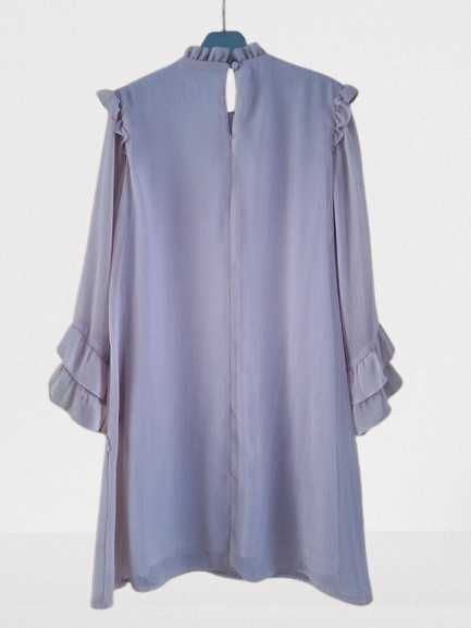 Liliowa Sukienka Mohito r. M Elegancka Falbany Długi Rękaw Podszewka