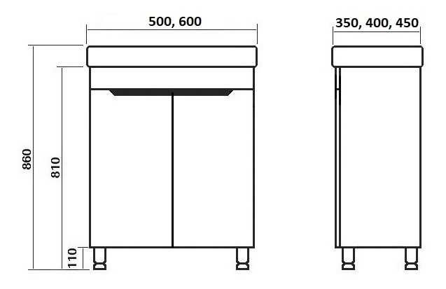 Тумба в ванну в комплекте с прямоугольным умывальником. Ширина 50, 60.