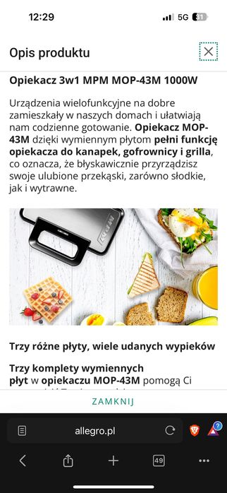 Opiekacz 3w1 MPM mop-43M czarny 1000w