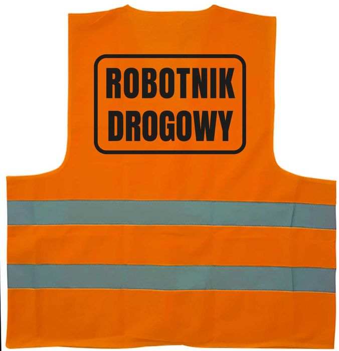 pomarańczowa kamizelka odblaskowa z nadrukiem robotnik drogowy