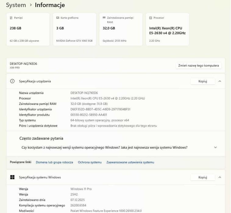 Komputer Gamingowy/Xeon 10 rdzeni/32GB DDR4/GTX1060/256gbNvme/win11pro