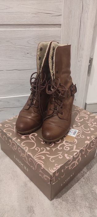 Buty Lasocki botki kozaki 37 skóra brązowe brąz wiązane obcas na obcas