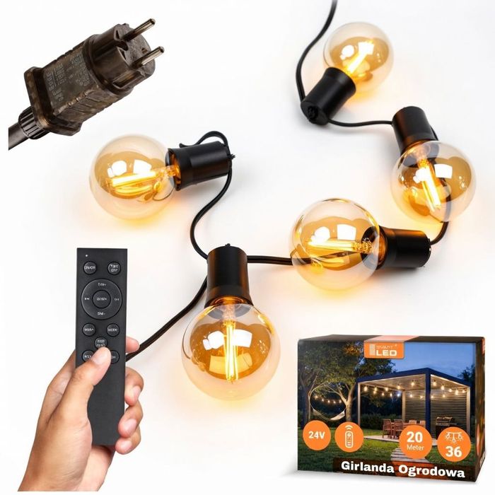 Girlanda Ogrodowa 20M+36 Żarówek LED Pilot Ściemniana IP65 Wodoodporna