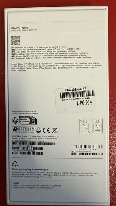 Iphone 17 pro Max 256GB Silver Novo.