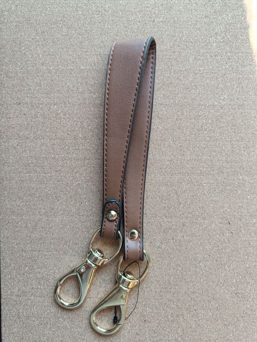 Nowy szeroki krótki pasek do torebki brązowy złote okucia