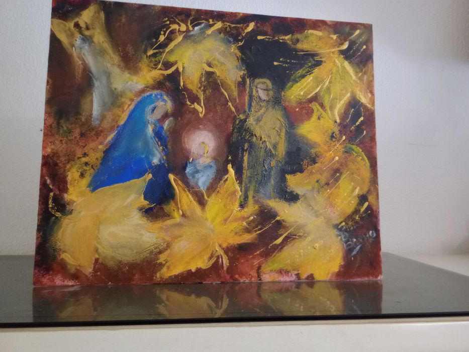 Vintage Quadro Óleo sobre tela, Nascimento de Jesus Antigo, mas novo