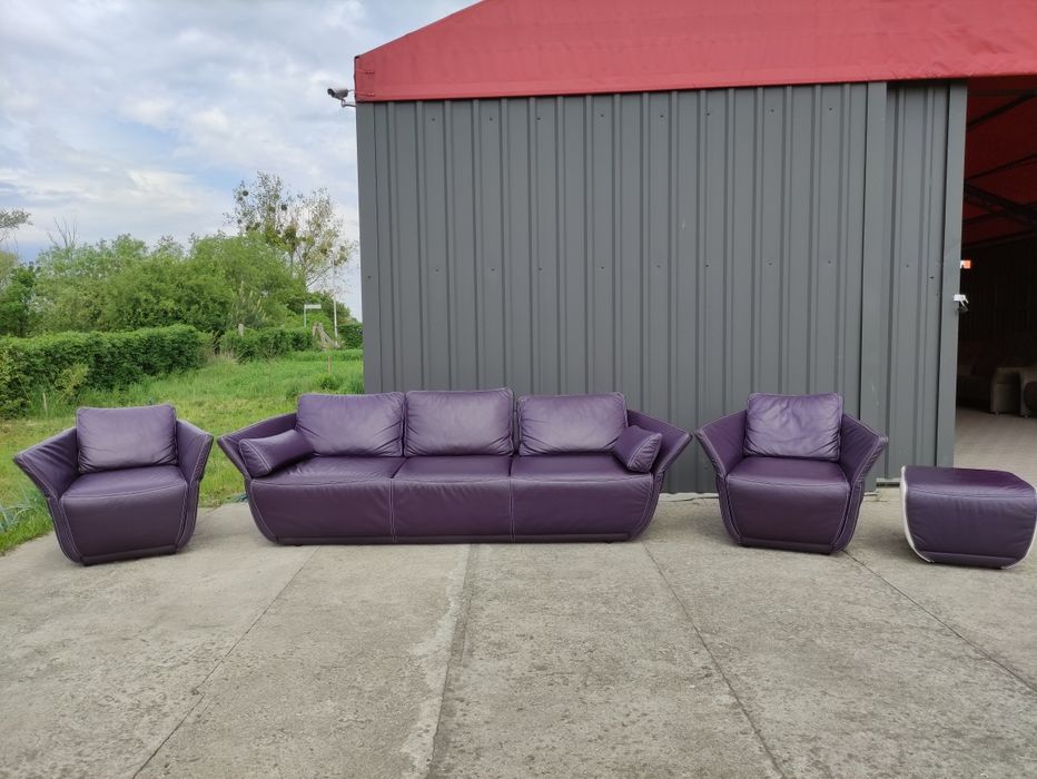 Sofa skórzana 3-osobowa z funkcją spania+2 fotele+pufa- skóra naturalna! Super stan! Nowoczesny! Okazja!