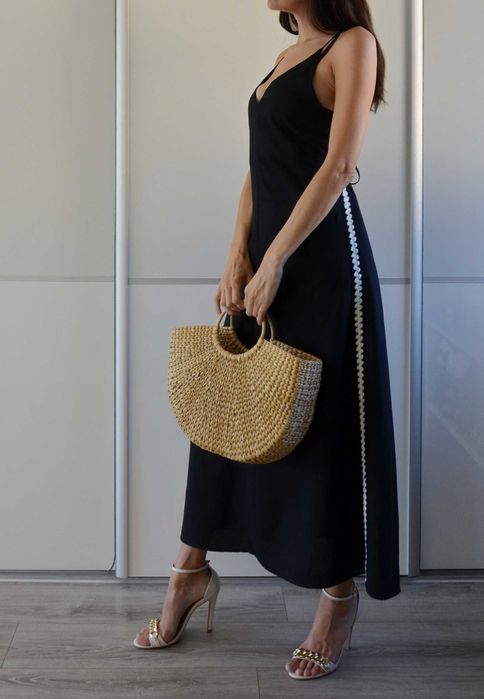 Oysho długa czarna lniana sukienka len lamówka premium boho 38 M