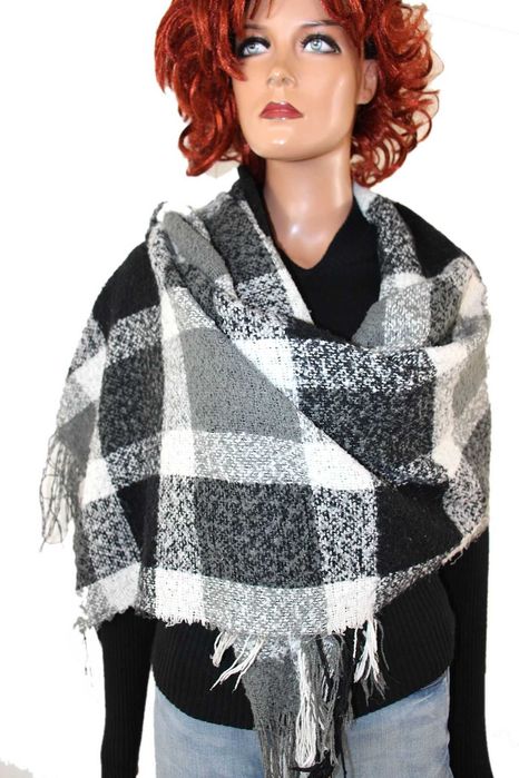 sl1 stylowy szal w kratkę modne frędzle 59x184