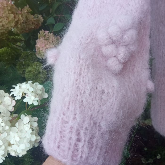 Nowy ręcznie robiony sweter kardigan handmade Drops Melody pudrowy róż