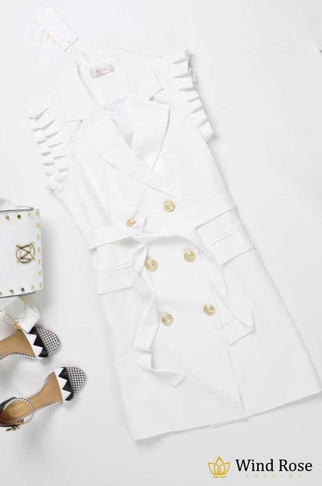 Sukienka / marynarka NOIX biała złote guziki + falbanki r. 36