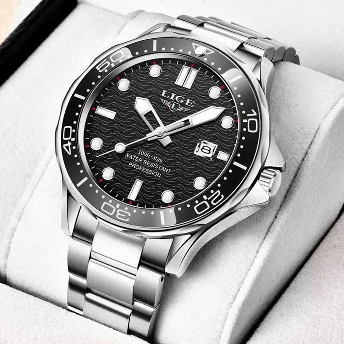 Fajny Zegarek męski Lige sportowy koperta 43mm na bransolecie stalowej datownik luma pudełko BOX