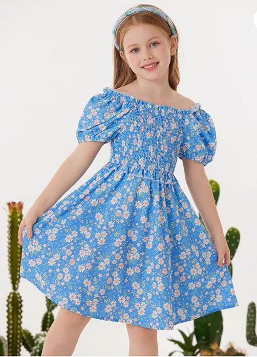 Sukienka w kwiaty dla dziewczynki,niebieska,rozm.140-152cm GRACE KARIN