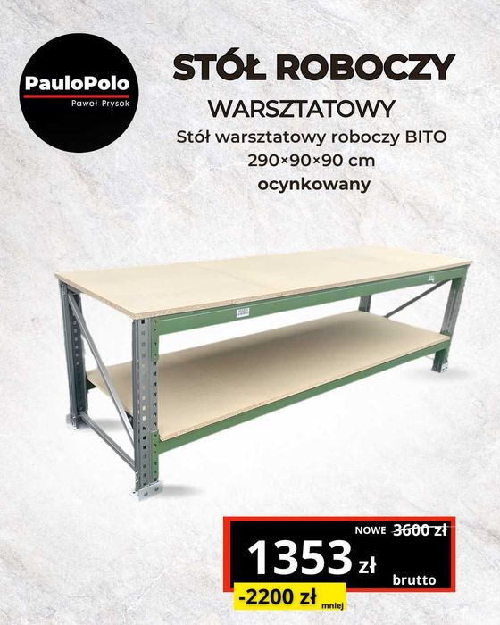 Stół warsztatowy roboczy BITO 290×90×90 cm, ocynk -1353 zł brutto, kpl