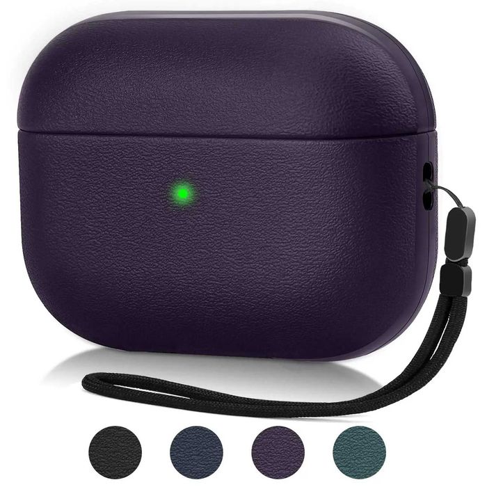 Чехол для AirPods Pro 3 (2025) с текстурой кожи, с ремешком, темно-фиолетовый НОВЫЙ