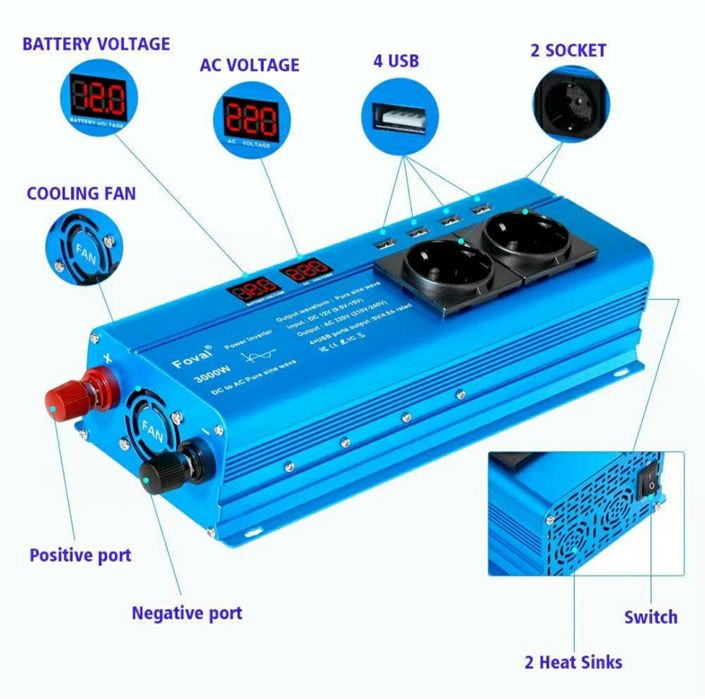 Інвертор Foval перетворювачь инвектор 12/220V ,3000W чистый синус