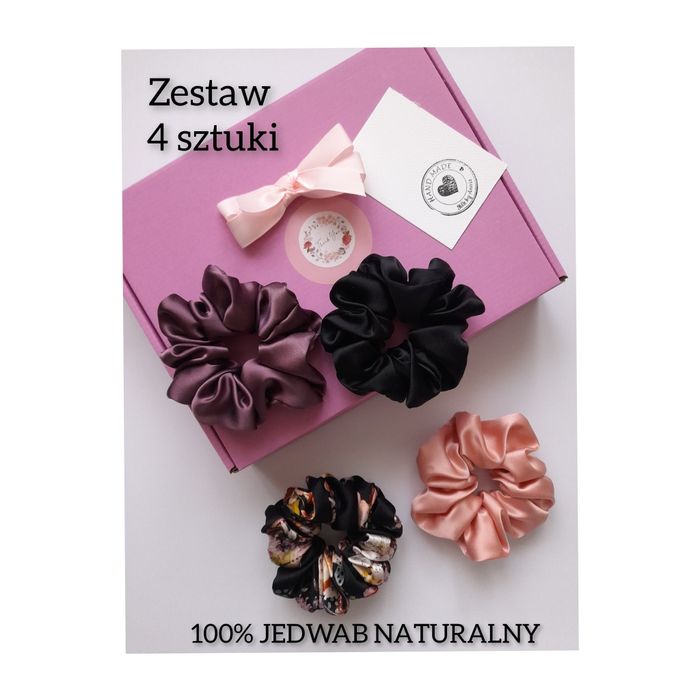 Zestaw 4 sztuki w pudełeczku gumki do włosów jedwabne scrunchies