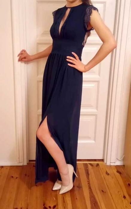 Sukienka maxi TFNC ASOS granatowa koronka wesele studniówka rozm. S