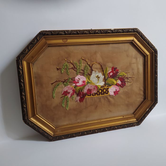 Obraz haftowany na jedwabiu XIX wiek