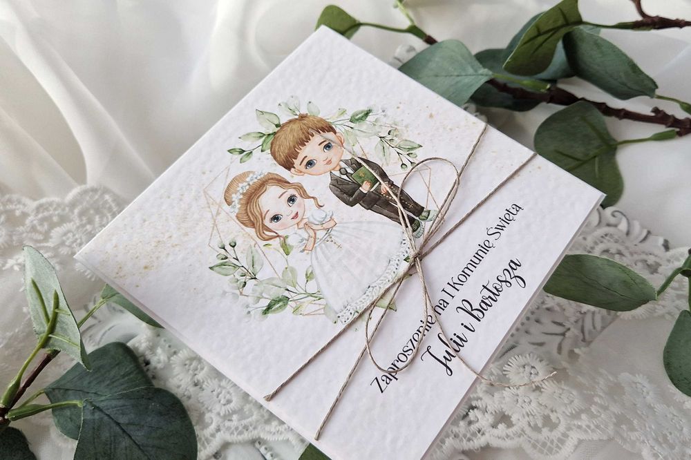 zaproszenia handmade personalizowane na I Komunię św. dla bliźniąt