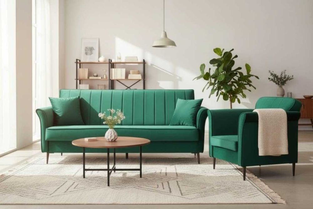 Zielona Sofa rozkładana z pojemnikiem do salonu z fotelem Kanapa rozkładana do pokoju Fotel do czytania zestaw skandynawski Łóżko z pojemnikiem