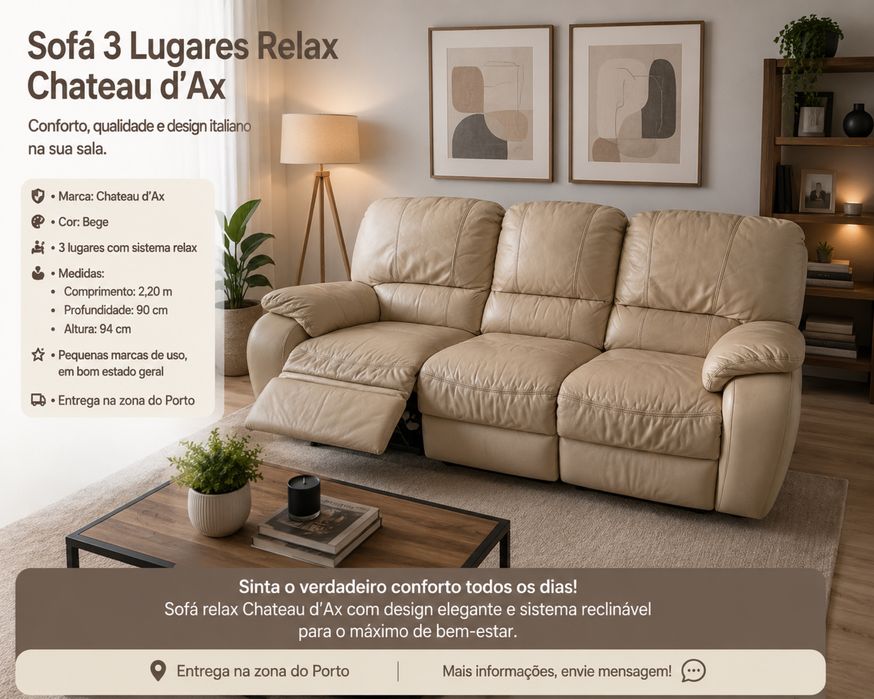 Sofá Relax Chateau d’Ax 3 Lugares – Pele Bege | Excelente Conforto