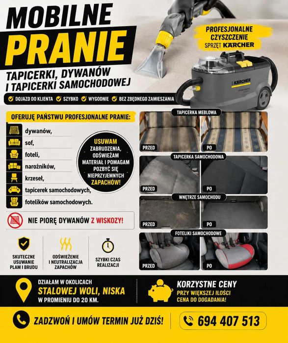 Mobilne pranie tapicerki,samochodowej i wykładzin dywanowych