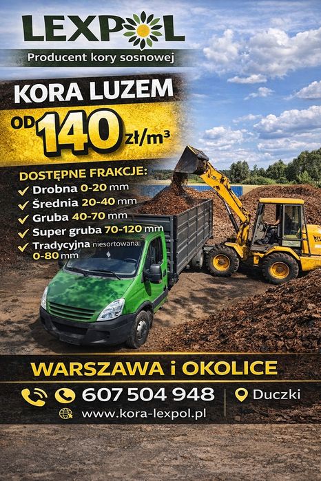 Kora sosnowa gruba 0-100mm .Dostawy W-wa okolice