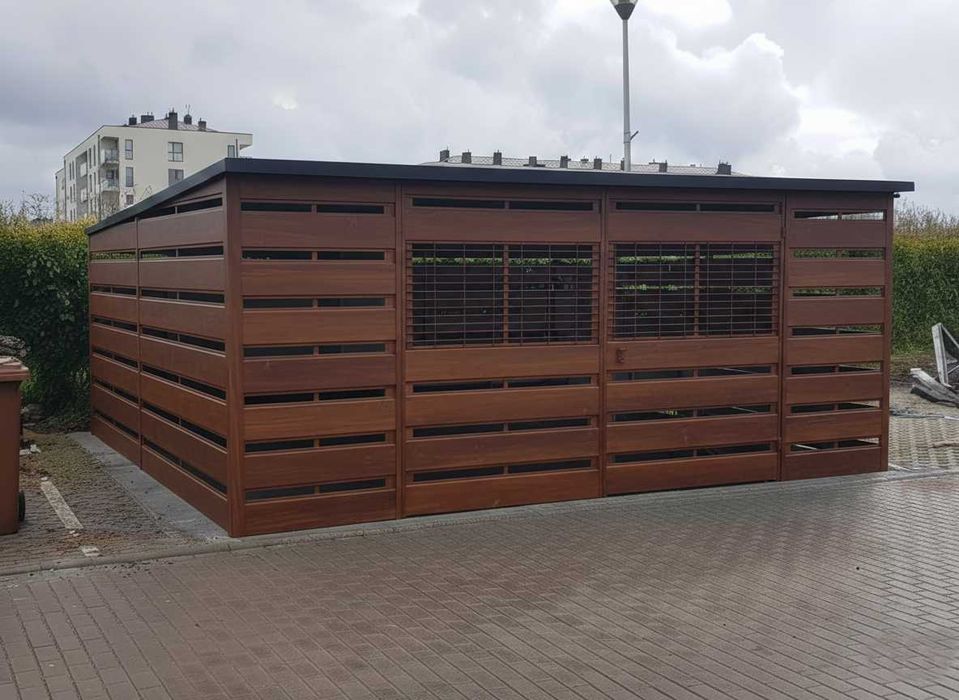 Wiata Śmietnikowa 5×3 m Drewnopodobna Spad na tył PREMIUM