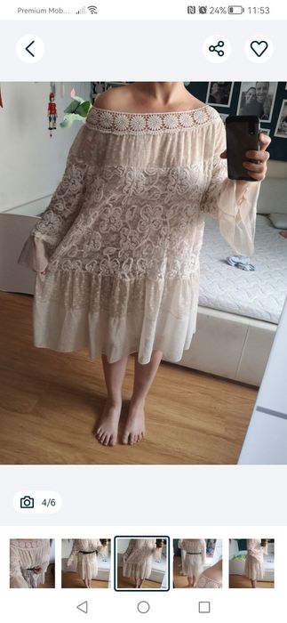 Sukienka kremowa boho oversize koronka