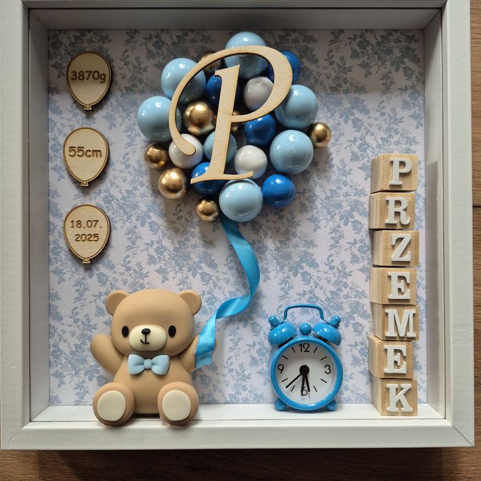 Metryczka dziecięca w ramce, Pamiątka Chrztu Świętego, na roczek