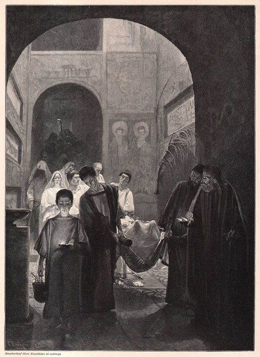 Vidal: Pochówek w katakumbach. Drzeworyt ilustracyjny 1896 r. autentyk