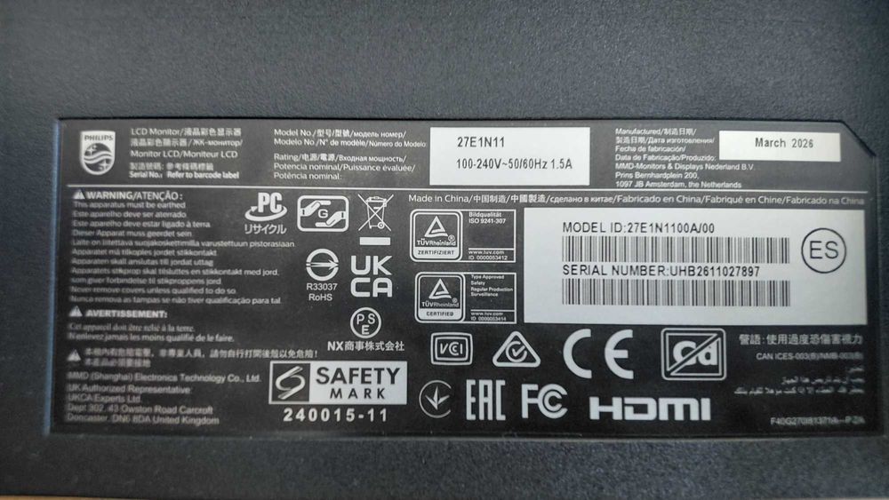 Monitor 27" PHILIPS 27E1 N11 usado