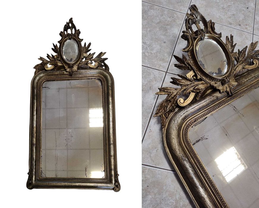 Srebrne stare lustro antyk - stara tafla i srebrzona rama