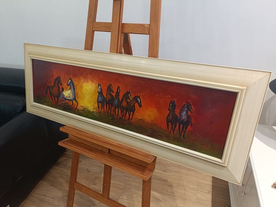 Piękny obraz olejny na płótnie konie w galopie vintage