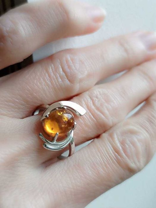 Кільце з янтарем, срібло 925 + золото 375, натуральний бурштин