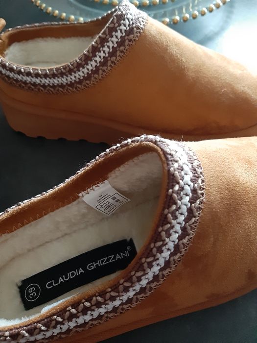 Brązowe 39 krótkie klapki śniegowce bez pięty brązowe tkanina buty tkm