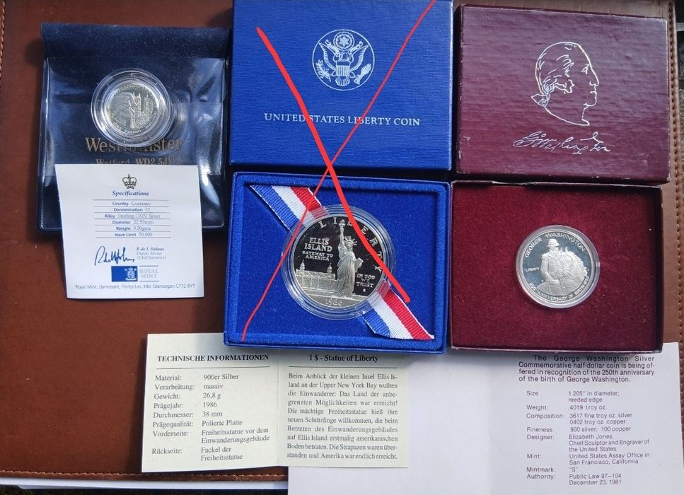 Две памятные серебряные монеты США, АНГЛИИ