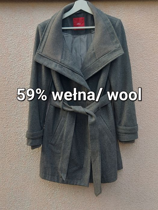 płaszcz wełniany 59% wełna wool s.oliver L 40 na zamek z paskiem szary