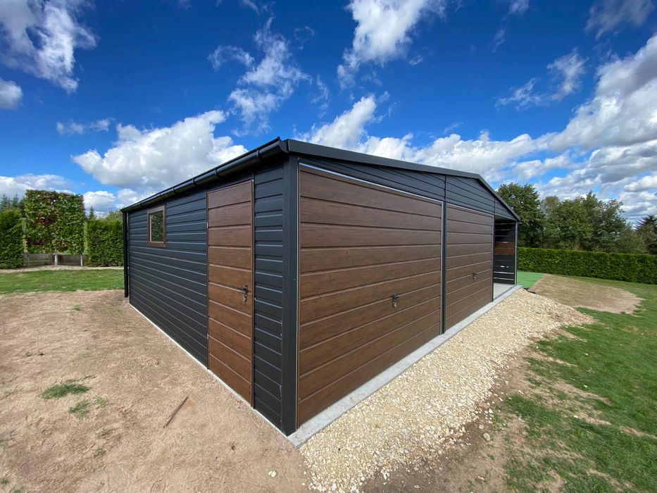 Garaż blaszany 6x6 + wiata 3x6, czarny mat, orzech, profil zamknięty.