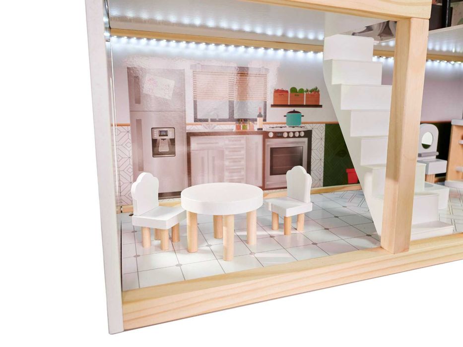 Domek dla lalek drewniany + mebelki 78cm oświetlenie LED FLORO boho