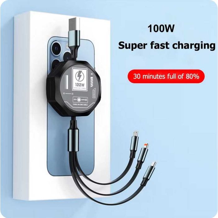 Kabel zwijany 3w1 microUSB, USB C, lightning 1,2 metra 100W ośmiokąt