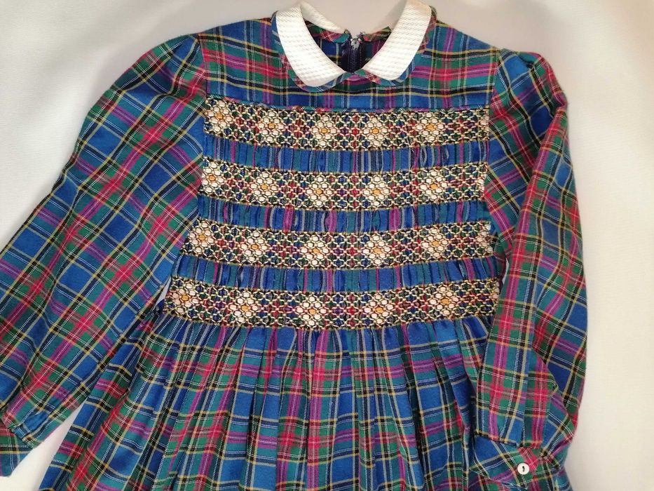 Vestido Cerimónia Azul axadrezado com favos de mel