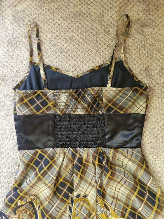 Sukienka boho ramiączka paisley krata S rare satynowy pas swag coquette