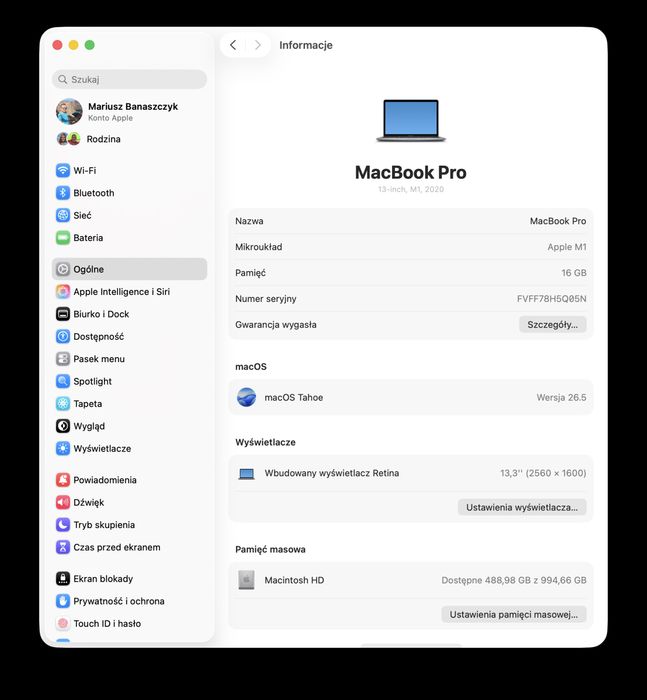 Apple Macbook Pro M1, 16 GB RAM, 1TB dysk twardy, 13”