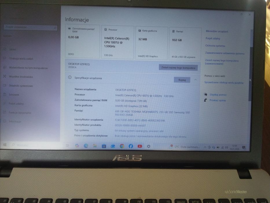 Asus x550c / lntel Pentium/ 8GB/ 2 dyski SSD 250GB+HDD 699 GB