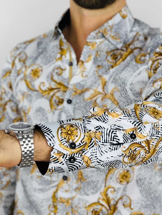 DANIEL BESSI Koszula męska fb114 biała, złota, glamour, kwiaty