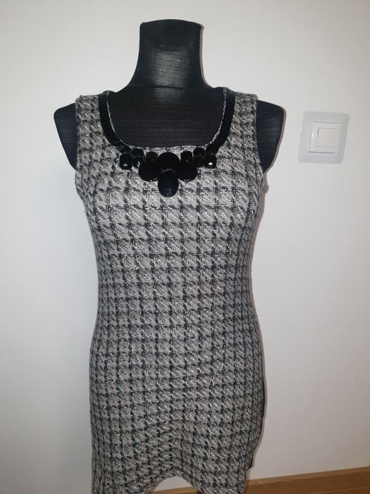 Sukienka elegancka mini pepitko tweedowa M