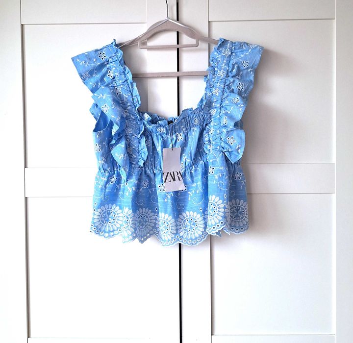 Bluzka Zara z Haftem Angielskim Nowa Niebieska Cotton Bawełna XL